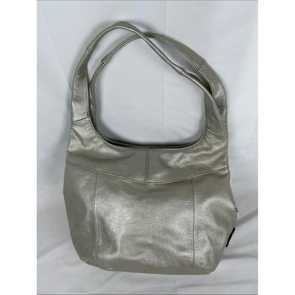 Tignanello Leather Metallic Silver Hobo Bag with Matching Wallet And Keyring